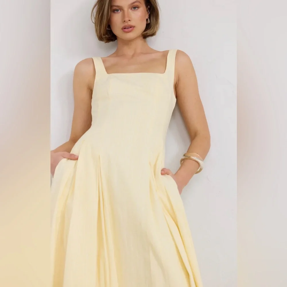 Sleeveless Square-Neck Midi Dress in Pale Yellow - Picture 2 of 15